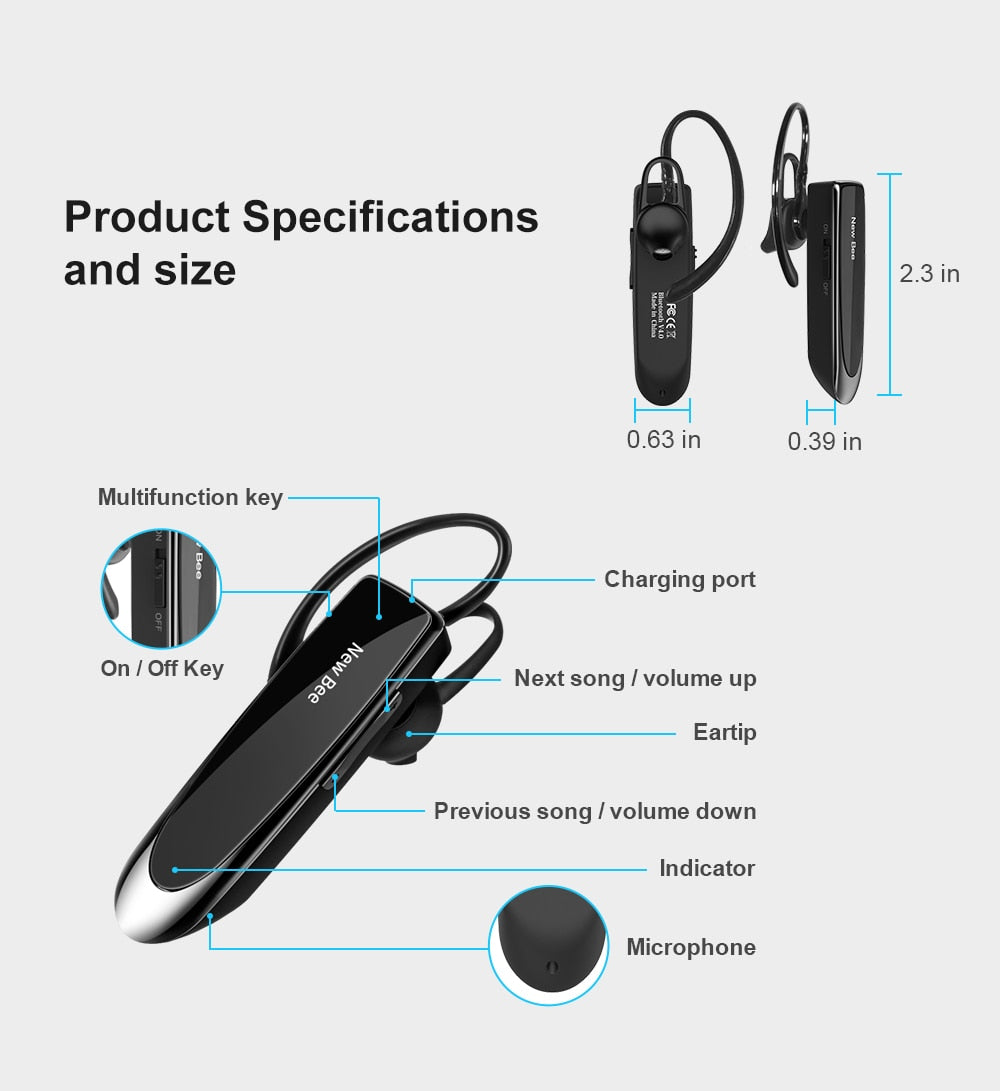 Auriculares inalámbricos con micrófono – marca New Bee – Auriculares con manos libres por Bluetooth 5.0 y batería de 24 horas para celulares Xiaomi y iPhone