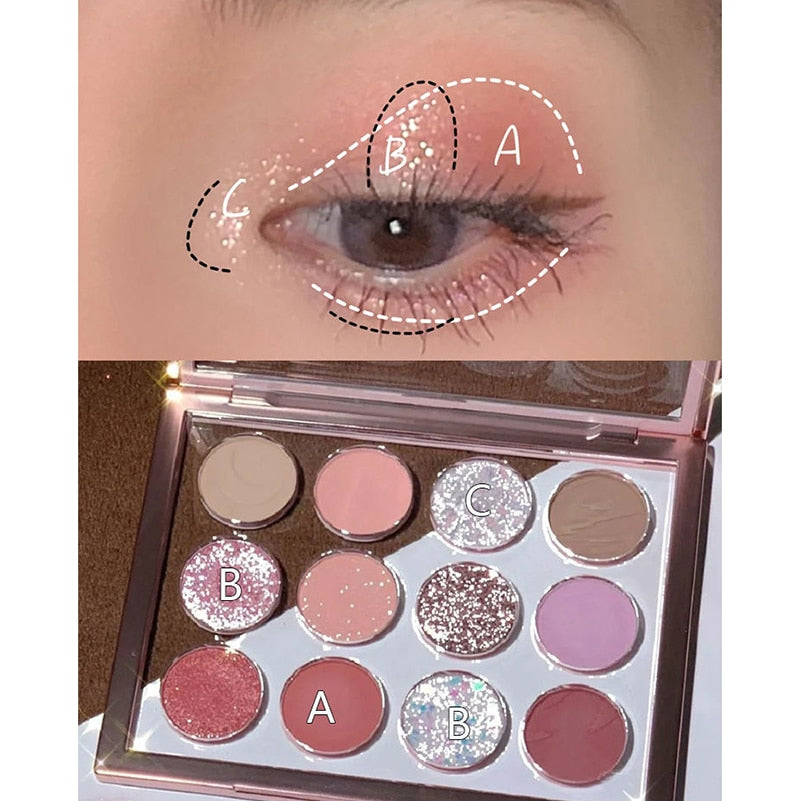 Paleta de sombras de ojos – Juego de cosméticos de 12 colores como tierra, mate y purpurina para maquillaje de larga duración que ilumina los ojos