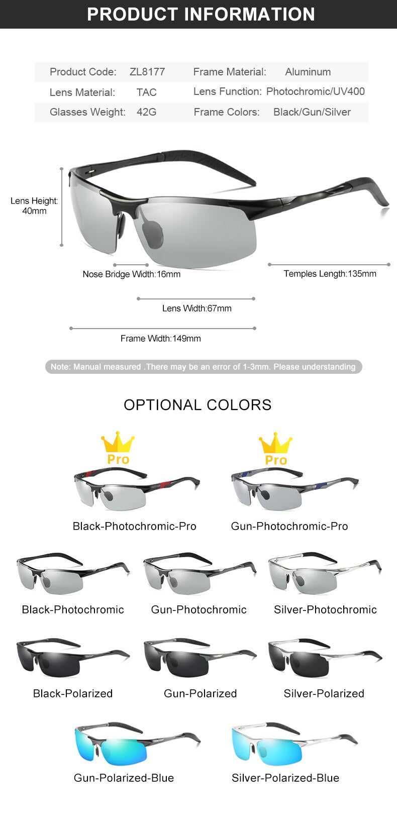 Gafas de ciclismo – marca CLLOIO – Gafas de sol fotocromáticas con marco de aluminio y lentes polarizadas de UV y antideslumbrantes de día y noche para deportes, conducción y pesca