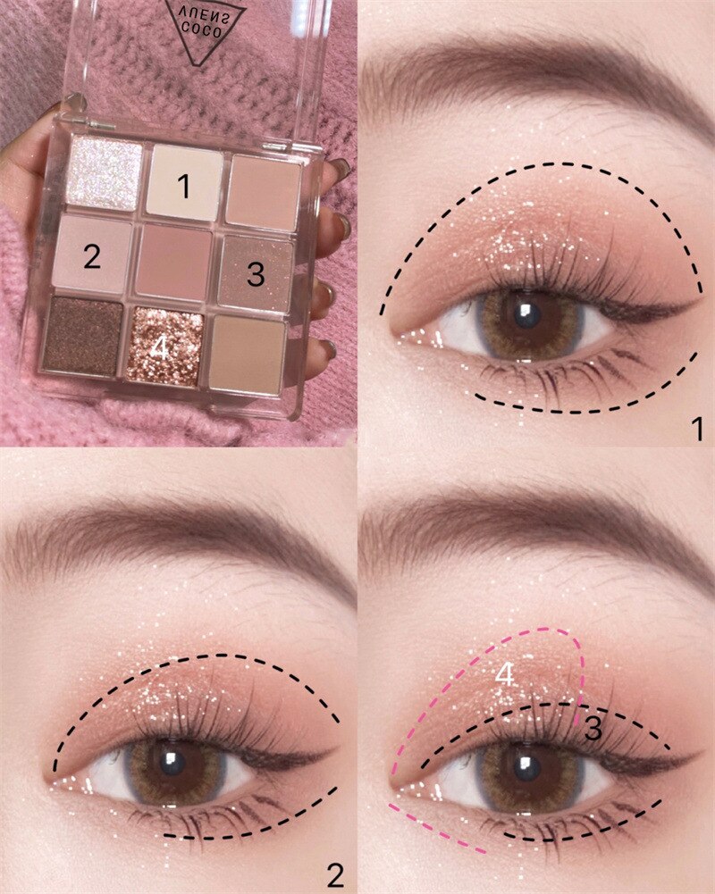 Paleta de sombra de ojos de 7 colores brillantes como púrpura, iris y nacarado para maquillaje de ojos encantador