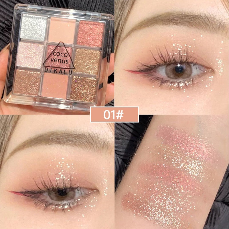 Paleta de sombra de ojos de 7 colores brillantes como púrpura, iris y nacarado para maquillaje de ojos encantador