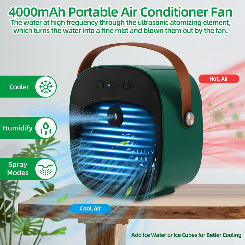 Mini aire acondicionado – Ventilador climatizador portátil inalámbrico recargable por USB para habitación, camping y vehículos