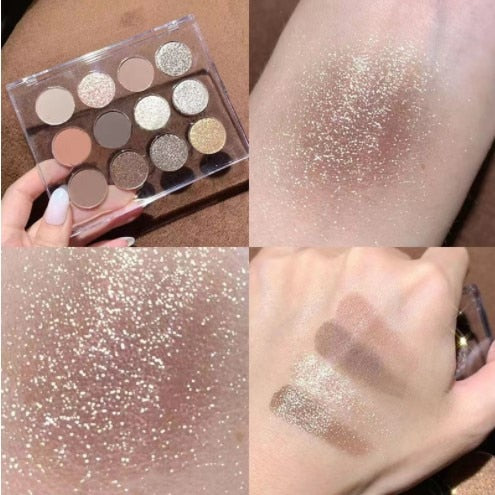 Paleta de sombras de ojos – Juego de cosméticos de 12 colores como tierra, mate y purpurina para maquillaje de larga duración que ilumina los ojos