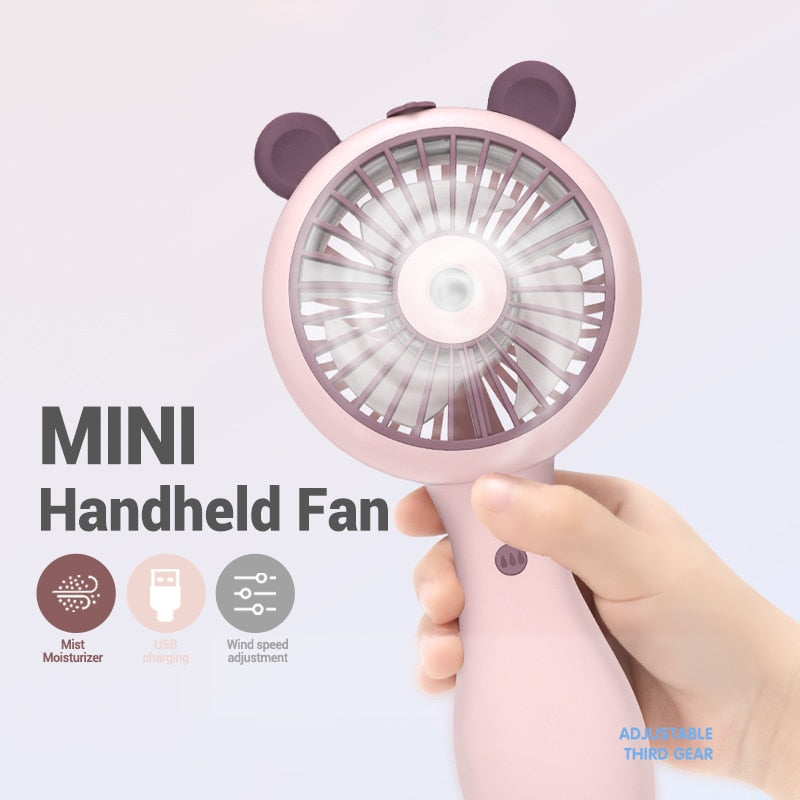 Mini aire acondicionado – Ventilador humidificador de mano con carga USB, 3 velocidades y 2 modos de pulverización de agua para el hogar o camping al aire libre en verano