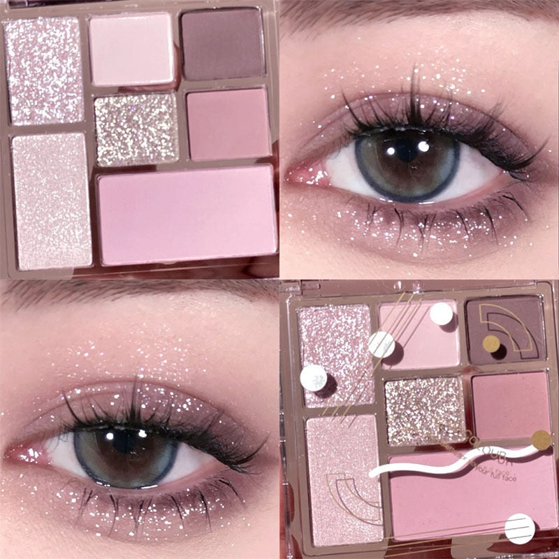 Paleta de sombra de ojos de 7 colores brillantes como púrpura, iris y nacarado para maquillaje de ojos encantador