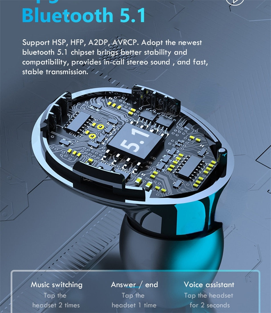Auriculares inalámbricos con micrófono – Dispositivo de audio con Bluetooth 5.1, estéreo 9D, resistentes al agua, batería de 3500 mAh y cargador