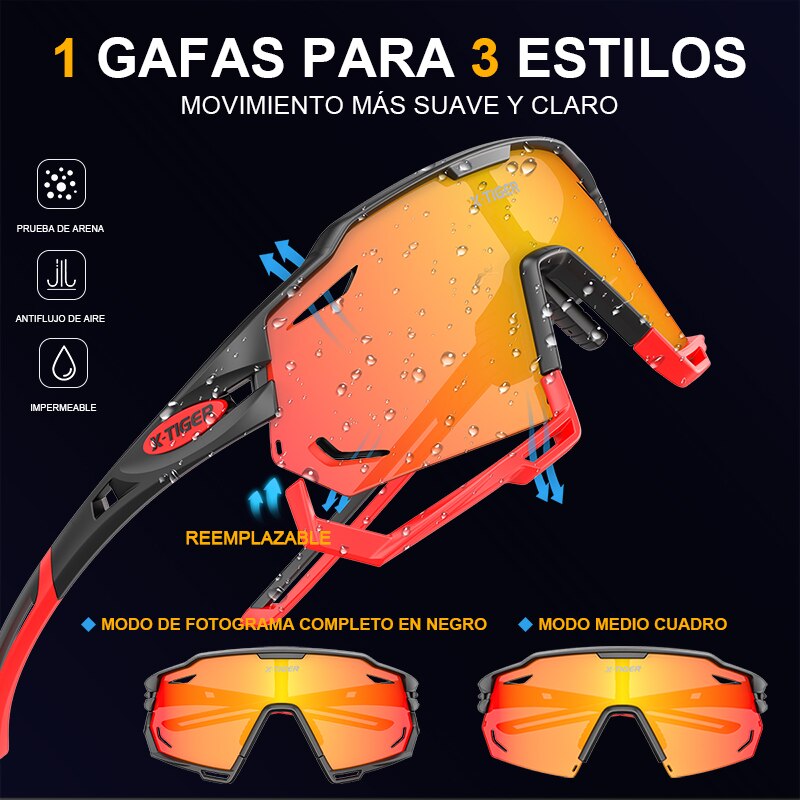 Gafas de ciclismo – marca X-TIGER – Gafas de sol fotocromáticas intercambiables deportivas con lentes polarizadas protectoras de UV400 para bicicleta de montaña