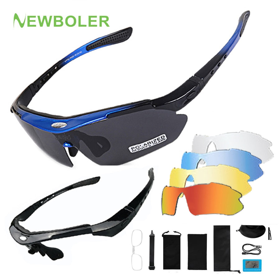 Gafas de ciclismo – marca NEWBOLER – Gafas de sol intercambiables deportivas con 5 lentes polarizadas para hombre y mujer de bicicleta al aire libre